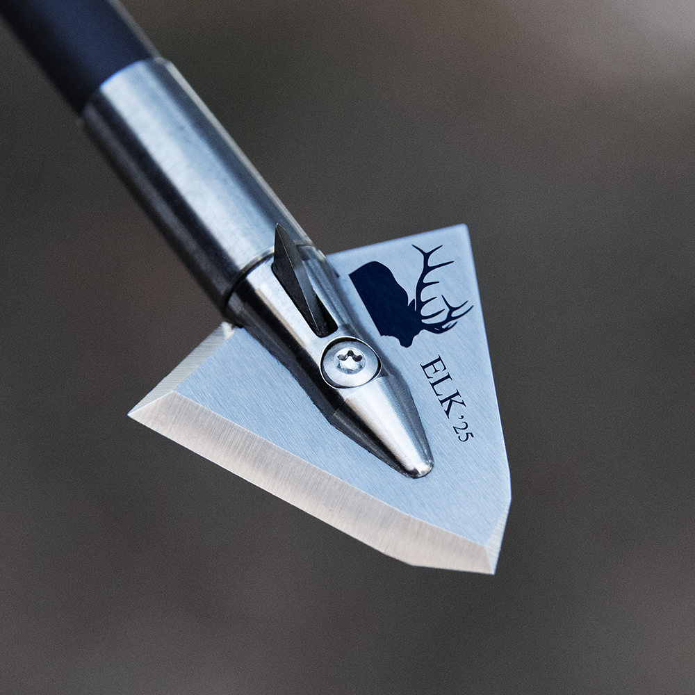 Single bevel broadhead with elk silhouette on it
