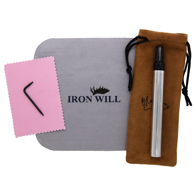Fantastic and amazing broadhead and blade cleaning kit with pink cloth, gray pouch, and silver pen on a white background