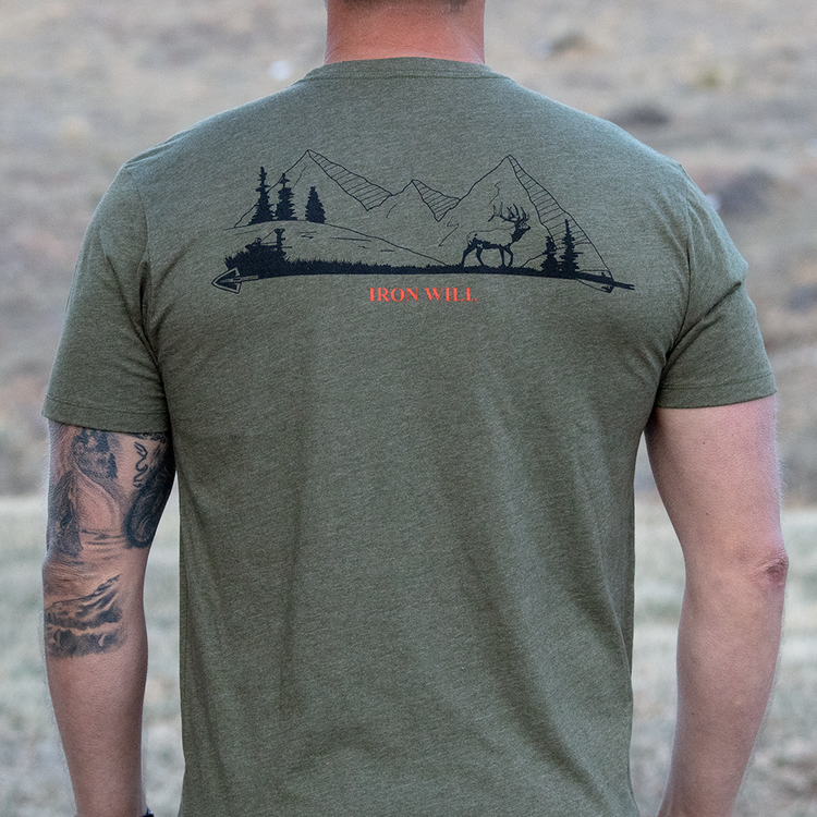 green tee shirt with elk bow hunter