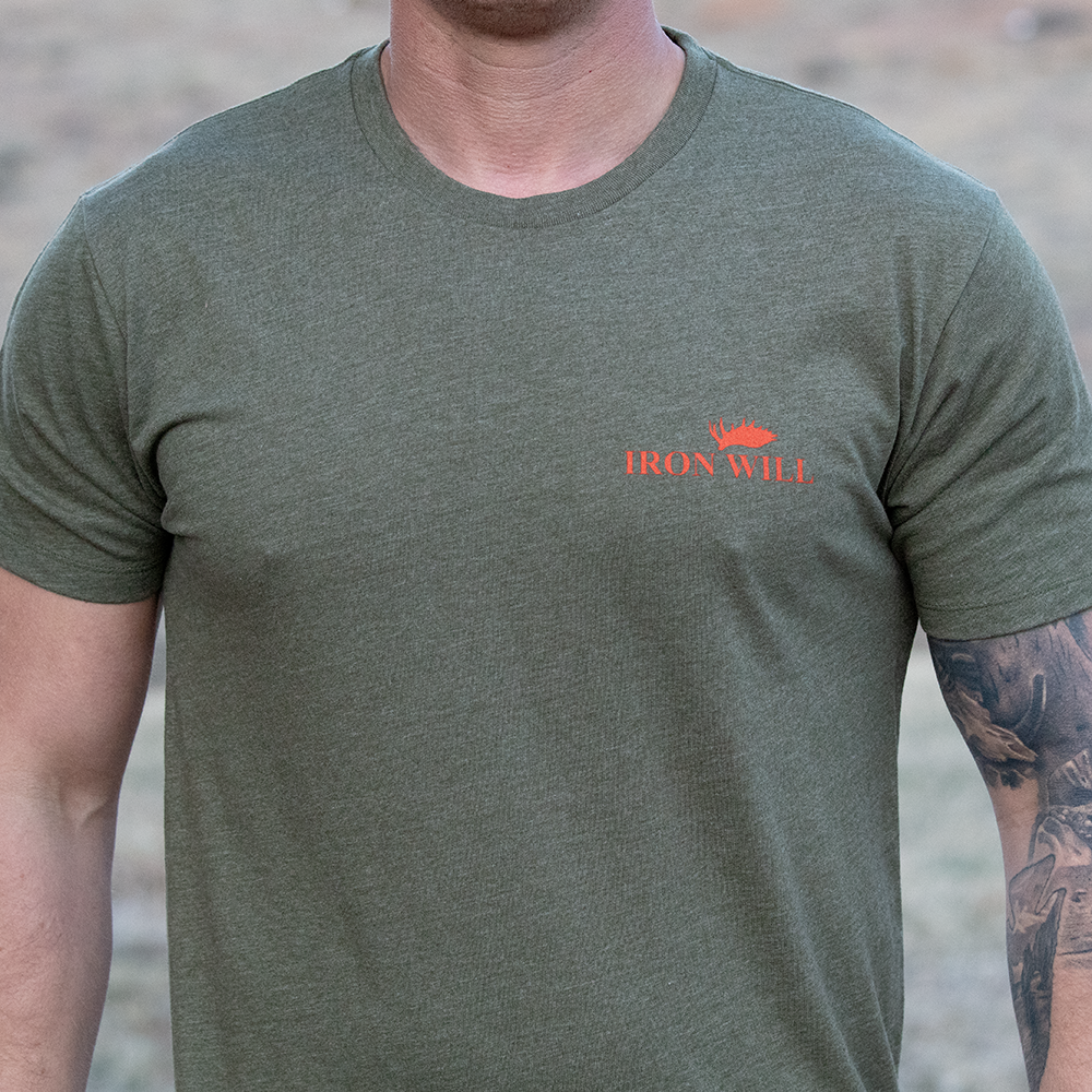 green tee shirt with orange text that says Iron Will