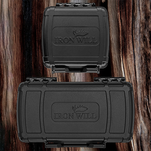 3 and 6 pack broadhead cases over top of wood background. 